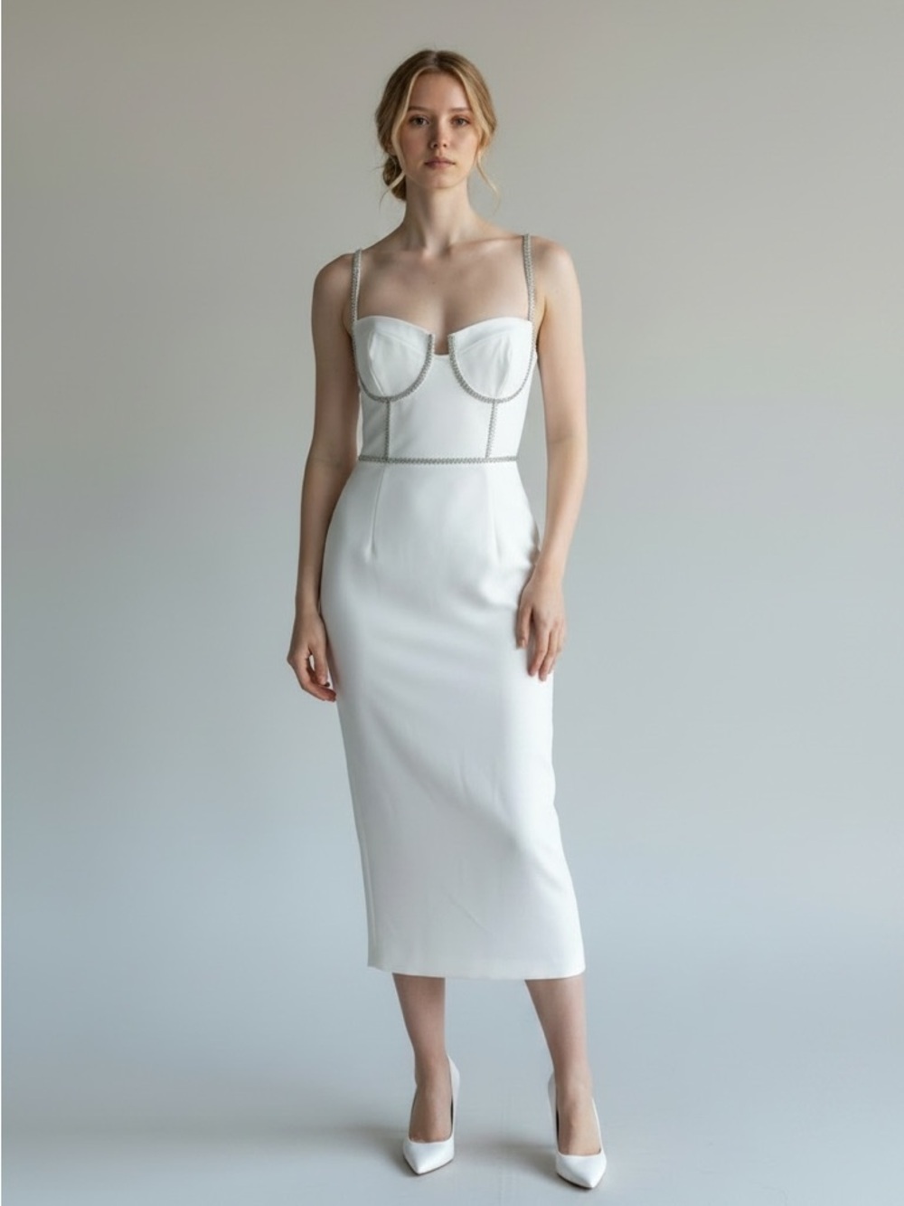 Self-Portrait White Bonded Crepe Midi Dress – Size 6
